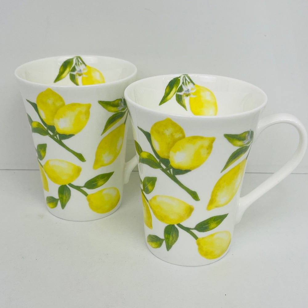 Mikasa Lemons Mug Set 2 Bone China White Yellow Fruit Floral Mediterranean EX